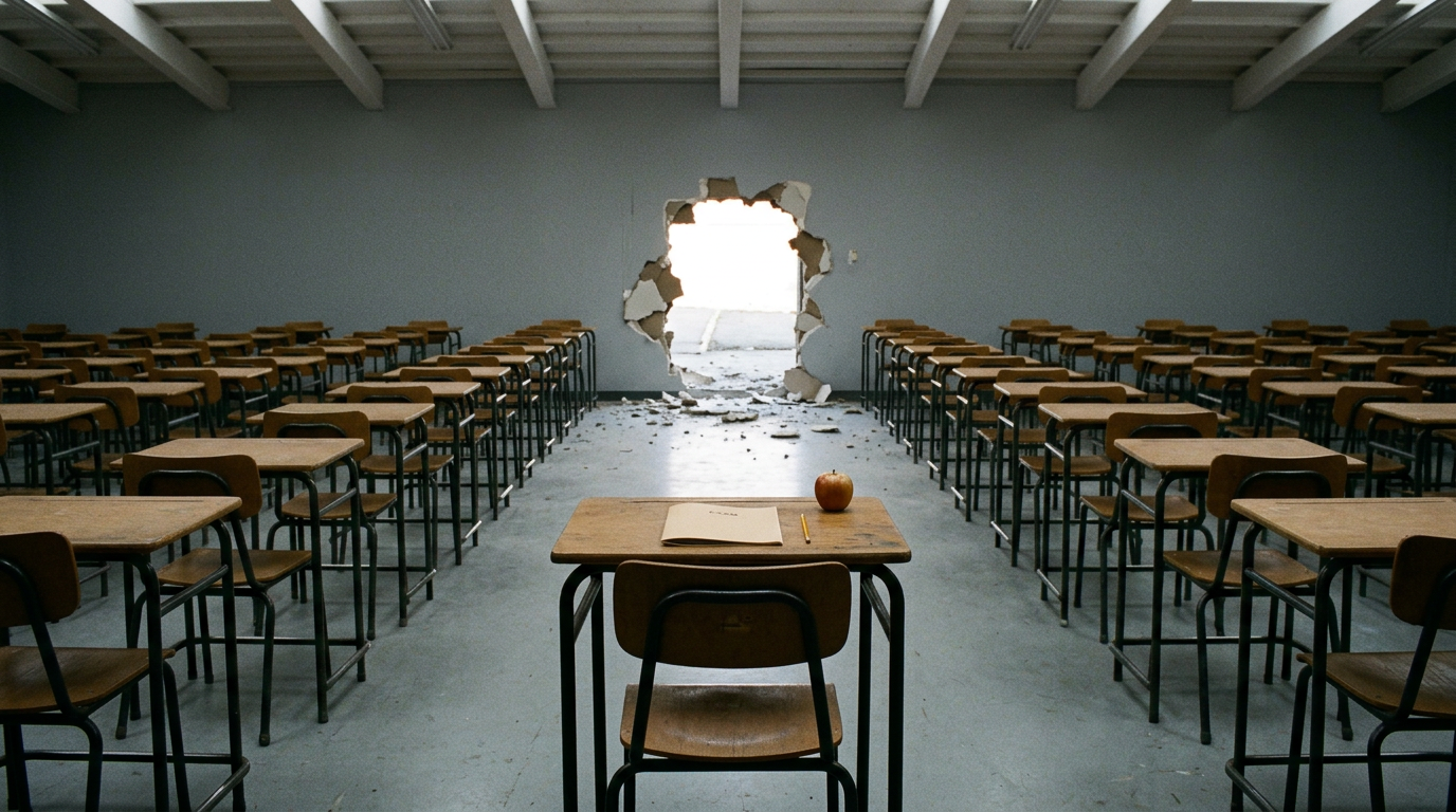 A single exam desk with an unopened test booklet and a pencil, with a human-sized hole punched through the wall behind it from the inside.