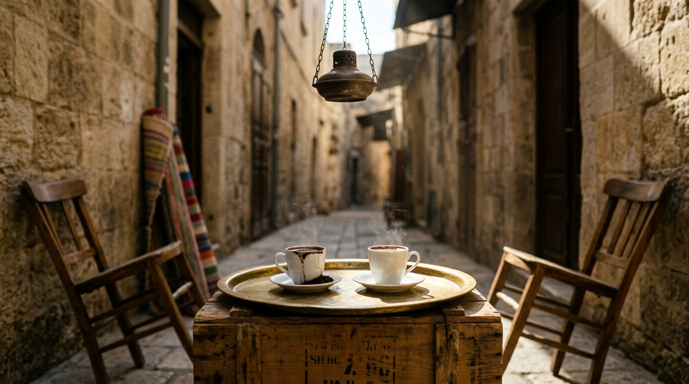 Two cups of Turkish coffee steaming on a brass tray in a narrow limestone alley, with two empty chairs pushed back on either side.