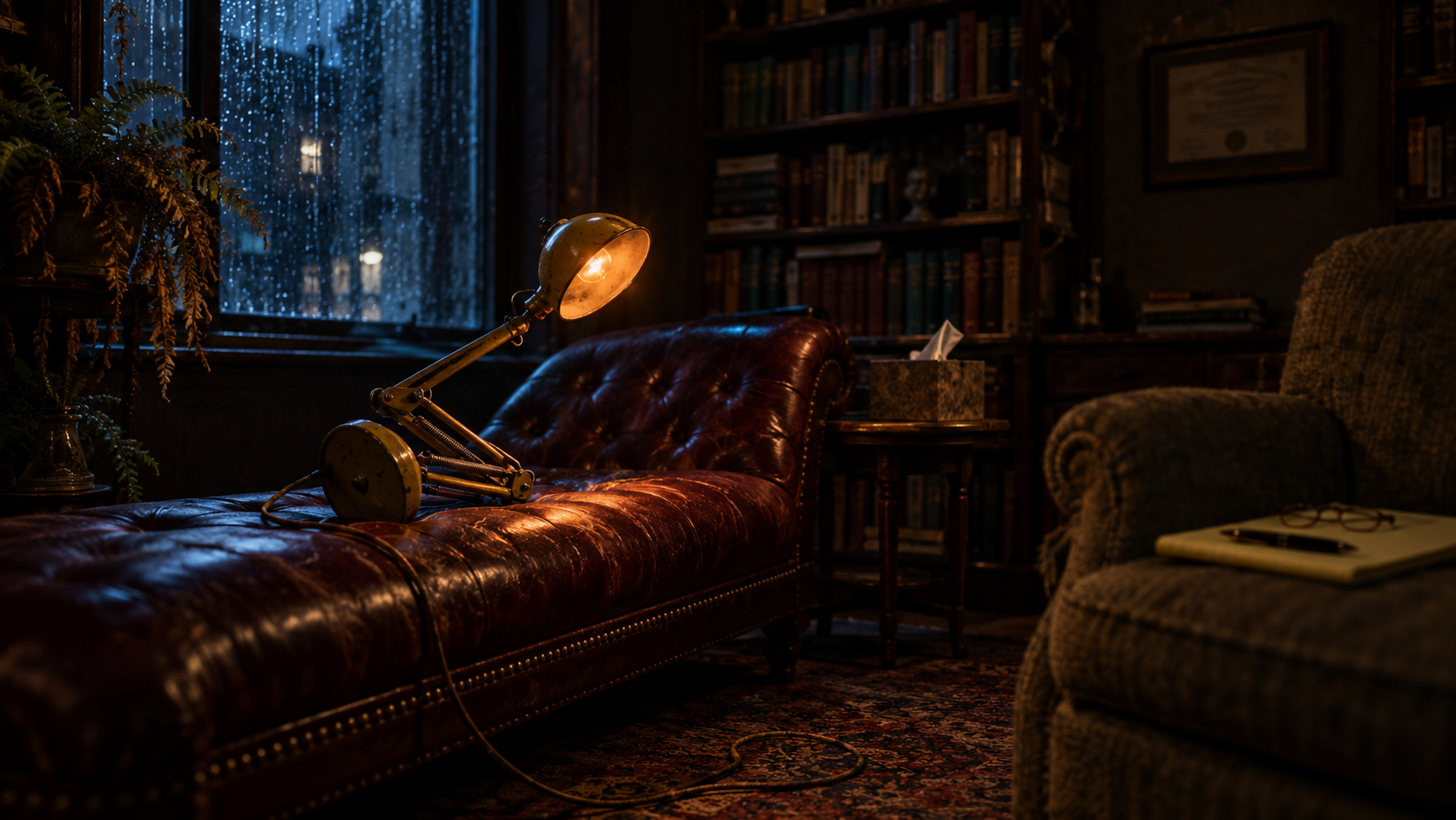 A vintage desk lamp lying on a therapist&rsquo;s leather couch at night, its bulb glowing faintly, beside a box of tissues and an empty armchair holding a notepad.