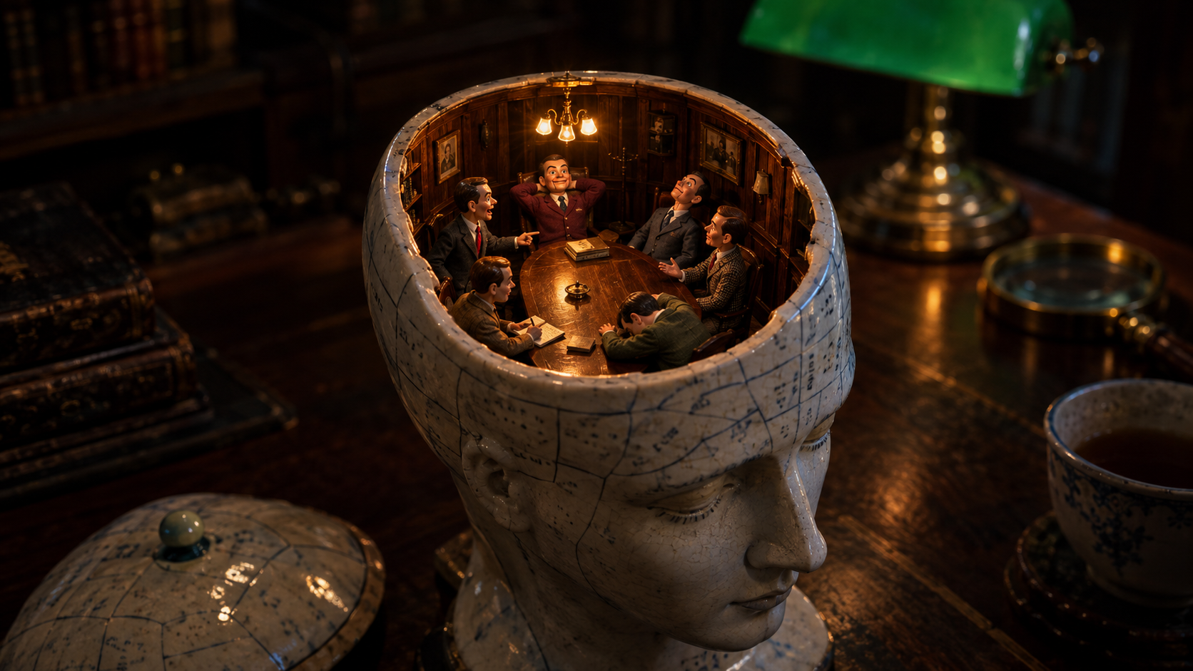 An antique porcelain head with its skull lid lifted off, revealing tiny ventriloquist dummies arguing around a boardroom table inside.