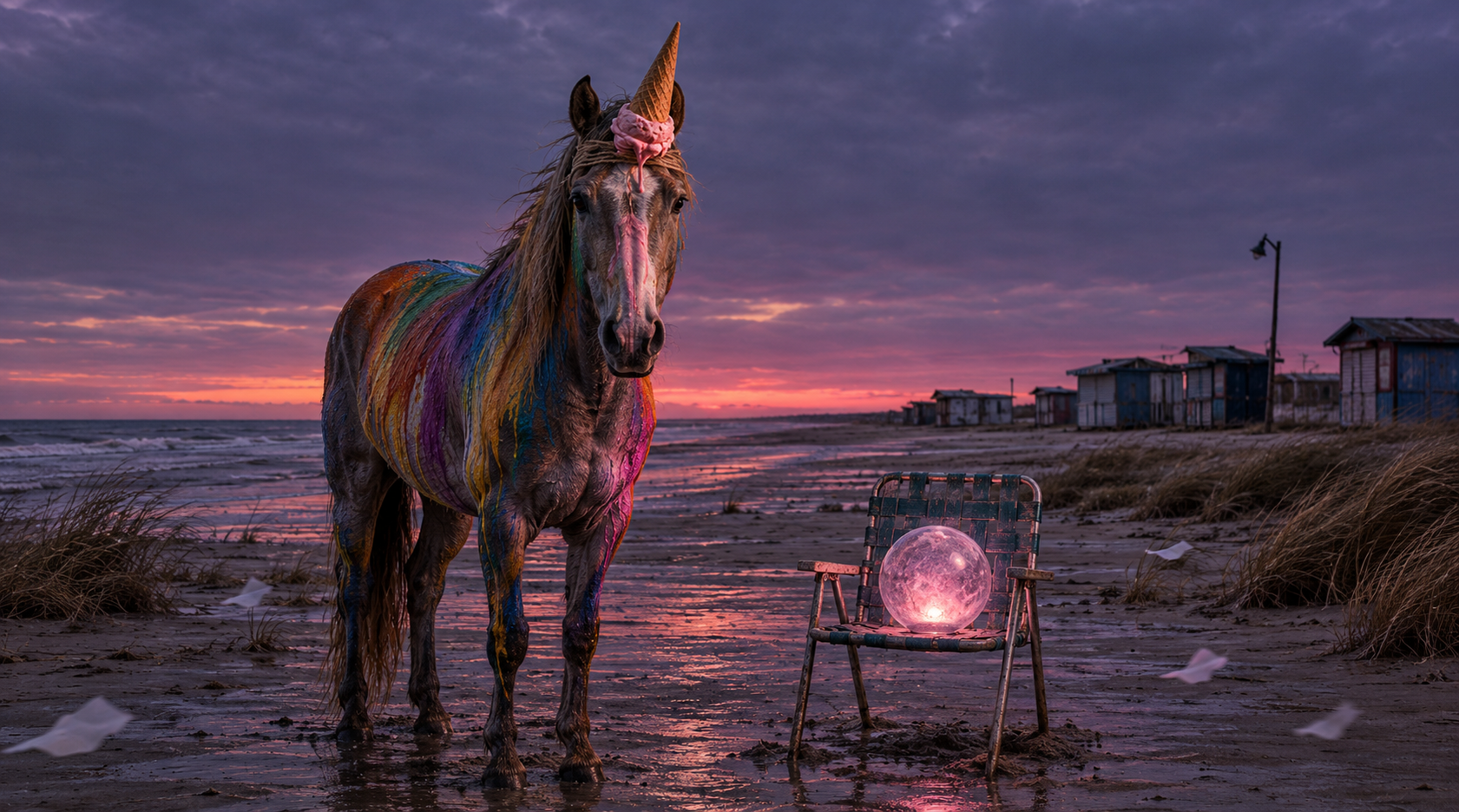 A rainbow-painted horse with an ice cream cone strapped to its forehead stands on an empty beach at dusk beside a lawn chair holding a glowing crystal ball.