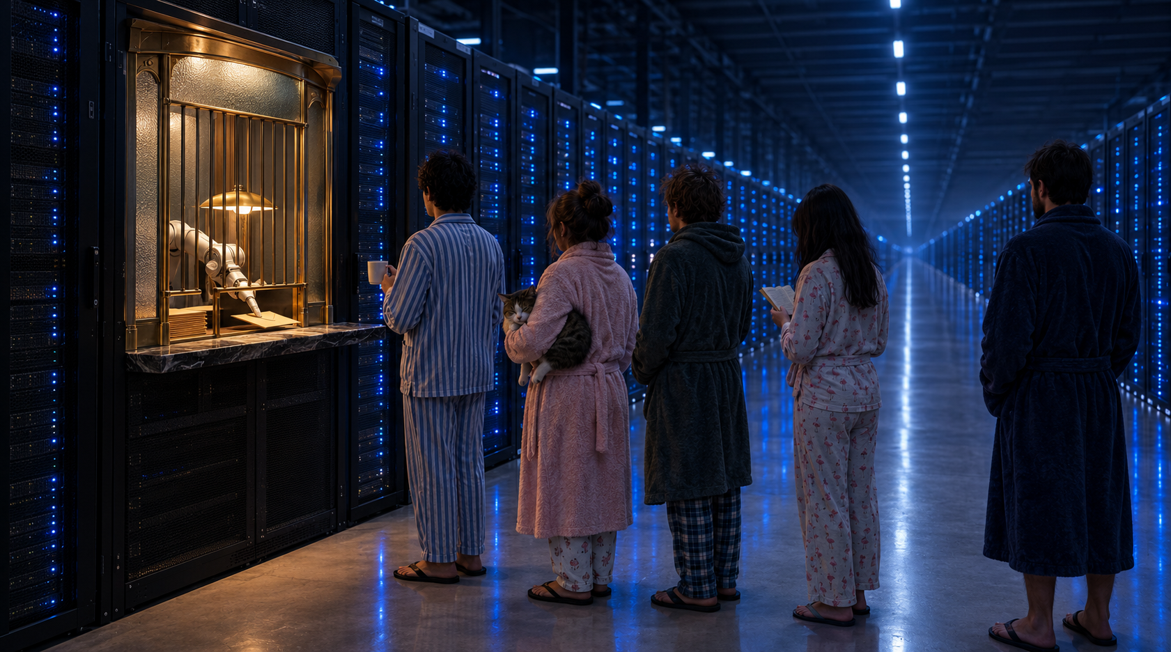 A vintage bank teller window built into a server rack, a robotic arm sliding identical pay envelopes to a calm line of people in pajamas and flip-flops.