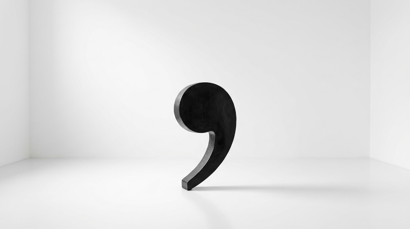 A three-foot-tall black comma standing alone as a sculpture on a bare white gallery floor.