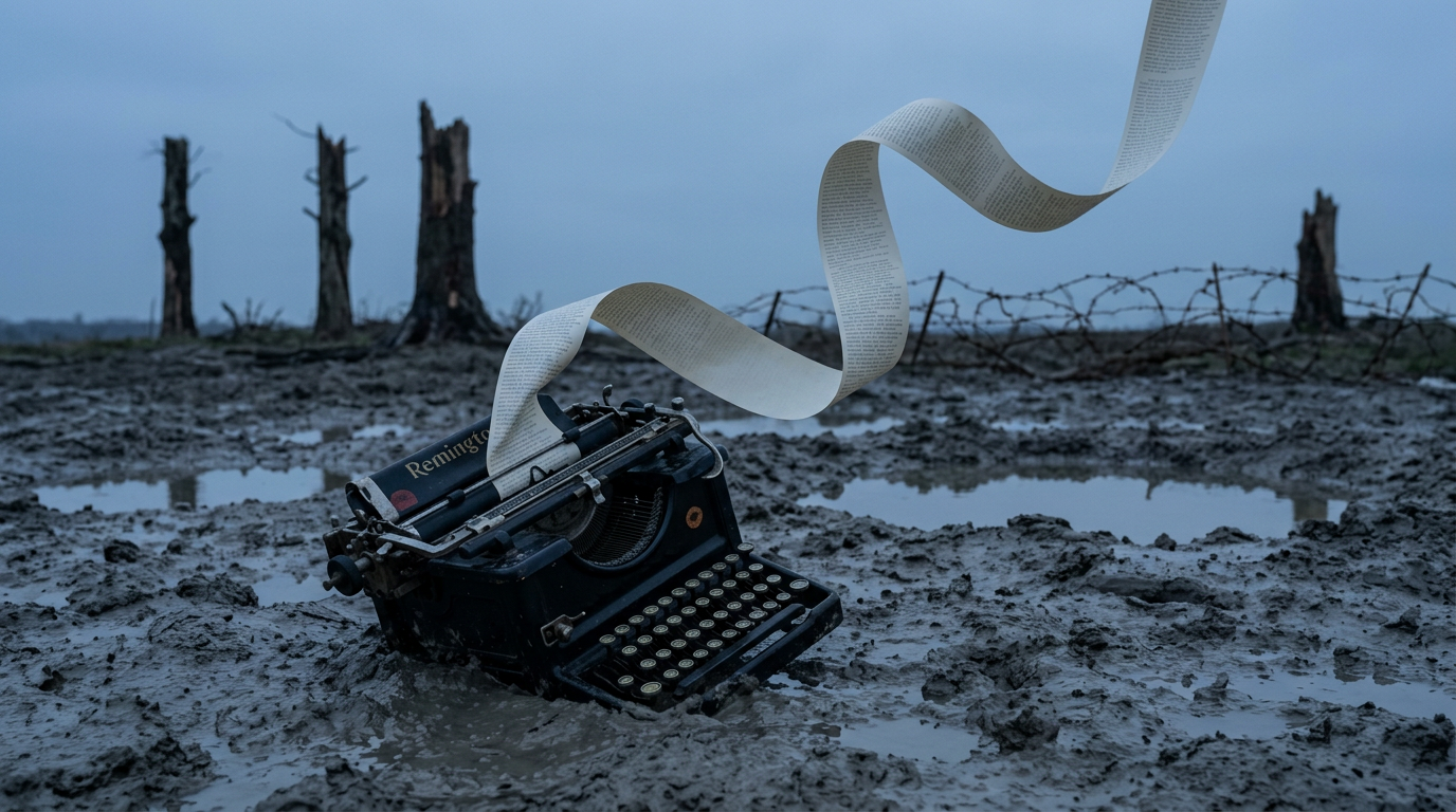 An antique typewriter half-sunk in battlefield mud with a long unbroken ribbon of typed paper looping up out of it into a grey sky.