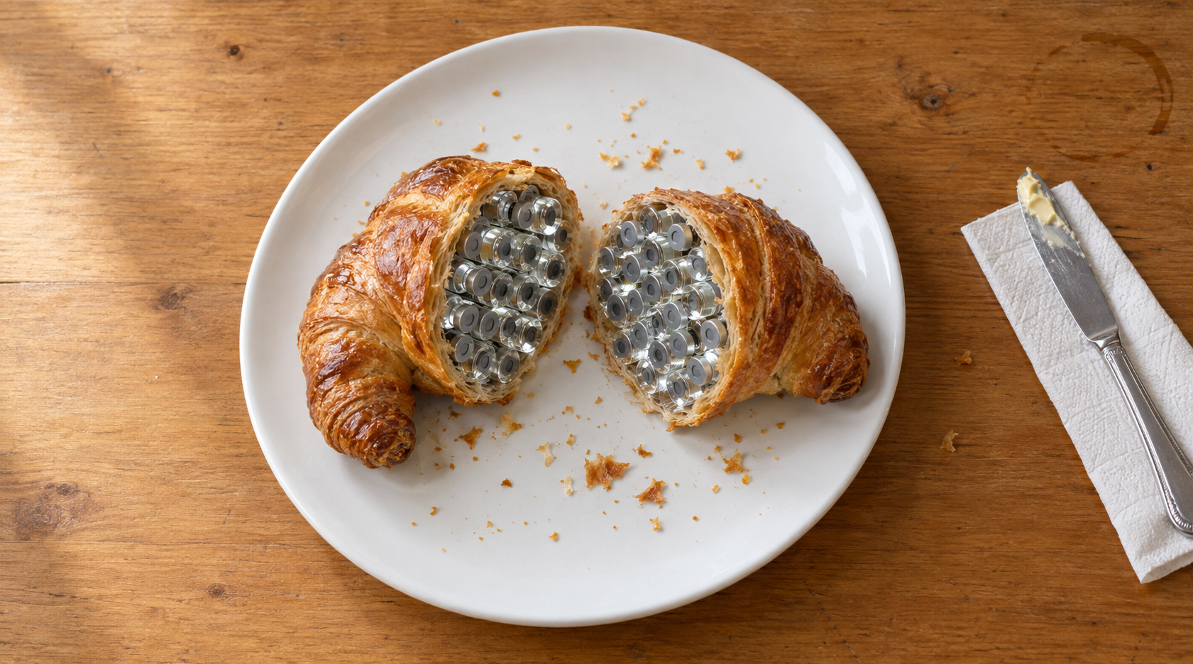 A croissant on a plate, cut in half, its cross-section made of tightly packed laboratory vials instead of pastry.