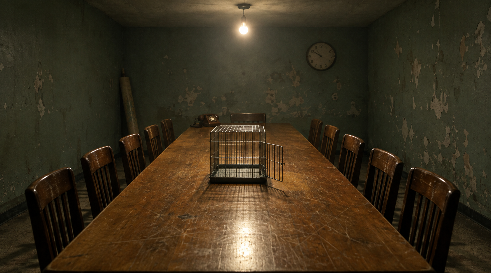 A long Soviet-era conference table with twelve empty chairs and a single open, empty wire animal cage at its center.