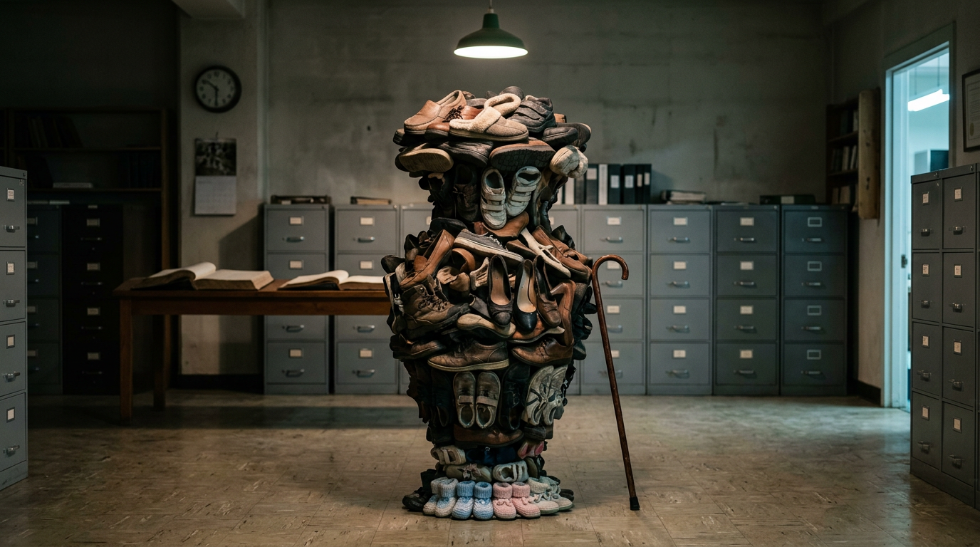A sculpture of real shoes stacked into a top-heavy vase, tiny baby booties at the narrow base and old slippers and orthopedic shoes crowding the wide top.