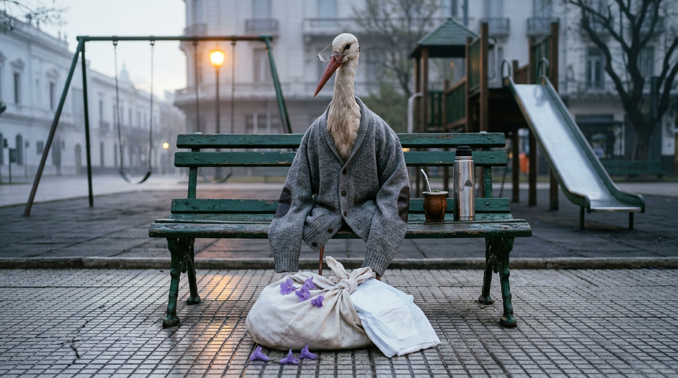 A taxidermied stork in a cardigan and reading glasses sits on a park bench while its delivery bundle lies open at its feet, holding an adult diaper instead of a baby.