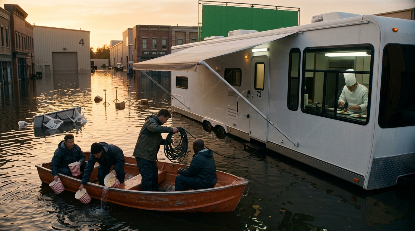 A luxury star trailer floating intact on a flooded studio backlot while crew members bail water out of a rowboat with popcorn buckets