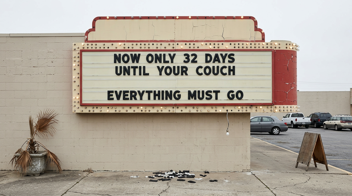 A cinema marquee whose letter board reads 'NOW ONLY 32 DAYS UNTIL YOUR COUCH — EVERYTHING MUST GO,' with fallen letters on the sidewalk below
