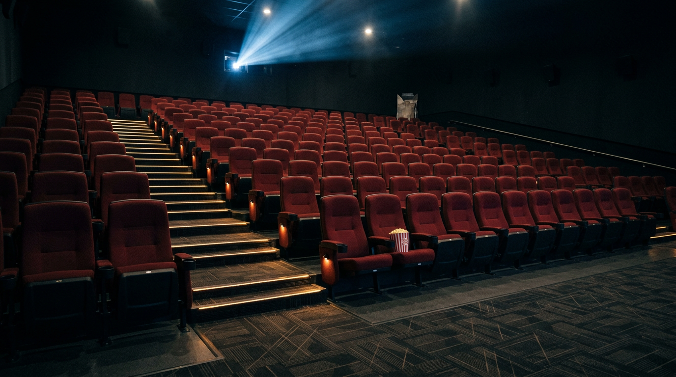 An empty multiplex auditorium on a Friday night, every seat folded up except one holding a full bucket of popcorn