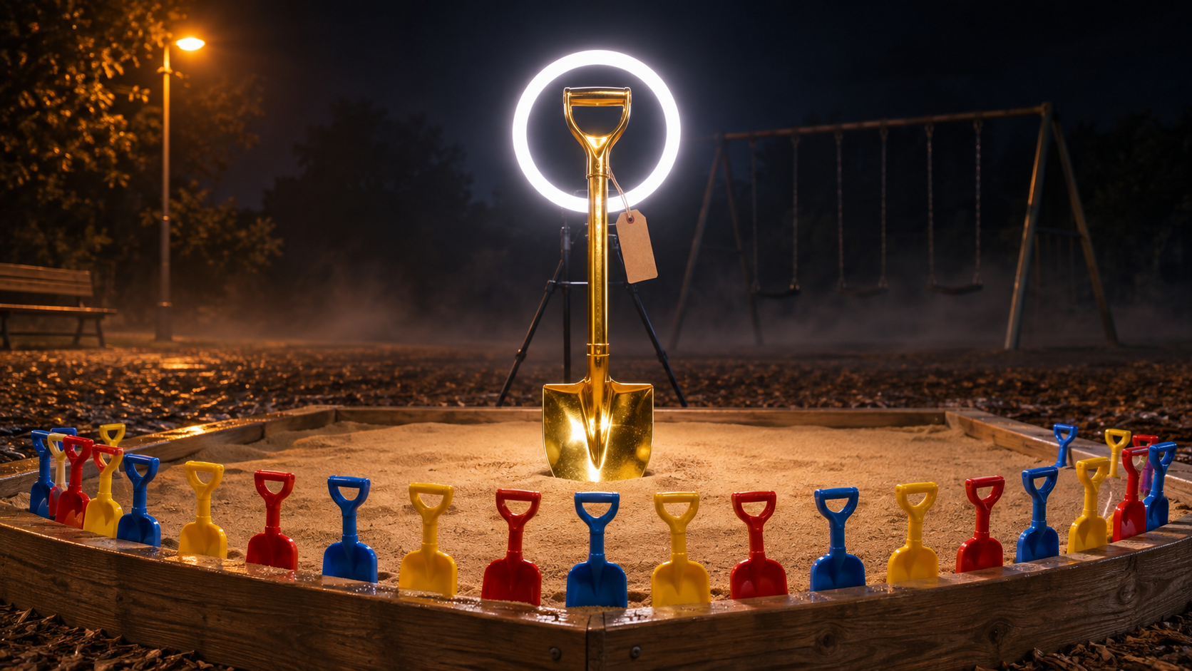 A gold-plated shovel planted upright in an untouched sandbox at night, haloed by a ring light, with a row of cheap plastic toy shovels lined up facing it.