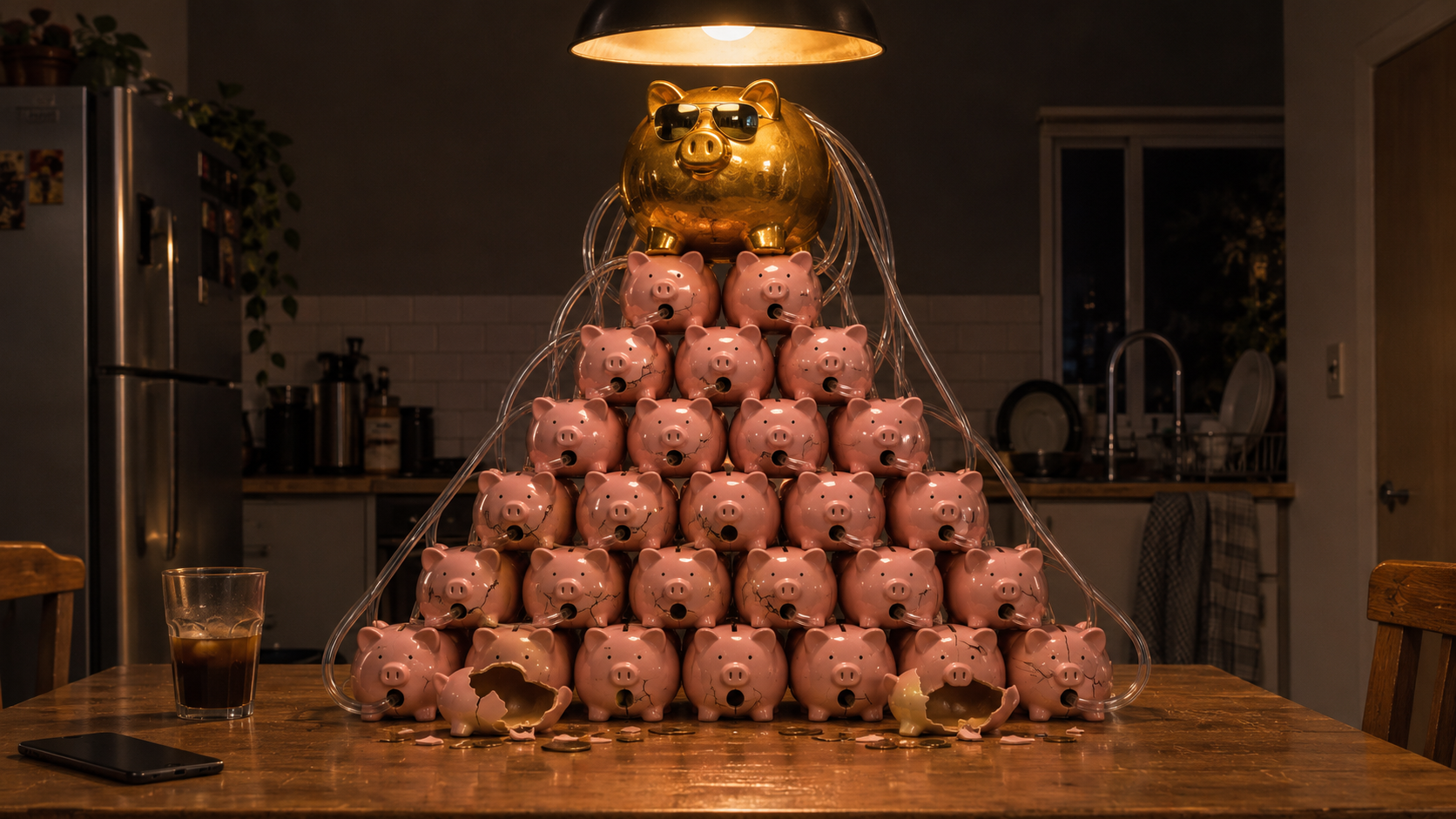 A pyramid of pink piggy banks with tubes running from their bellies up into one fat gold piggy bank in sunglasses at the top; the bottom row is cracked and empty.
