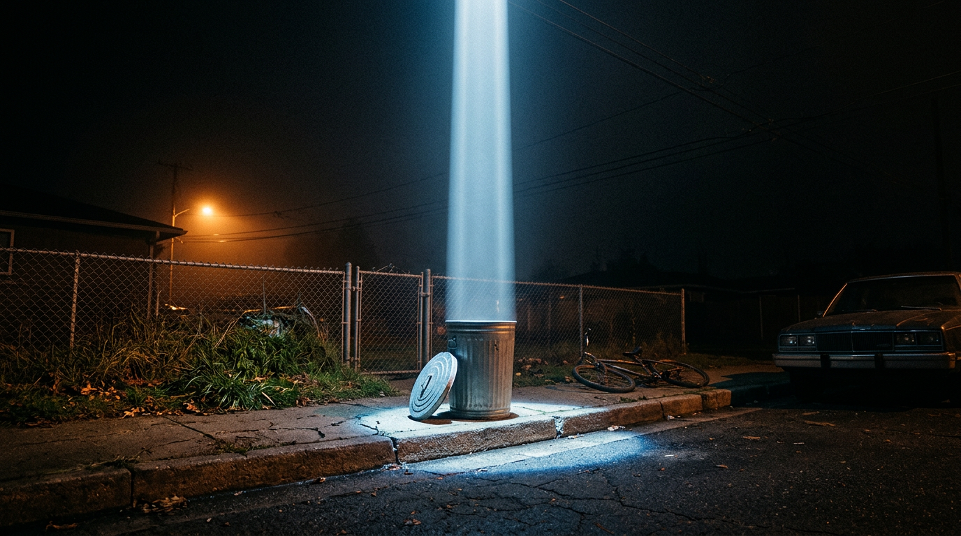 A galvanized trash can on a suburban curb at night with a column of pale blue light rising out of it into a starless sky