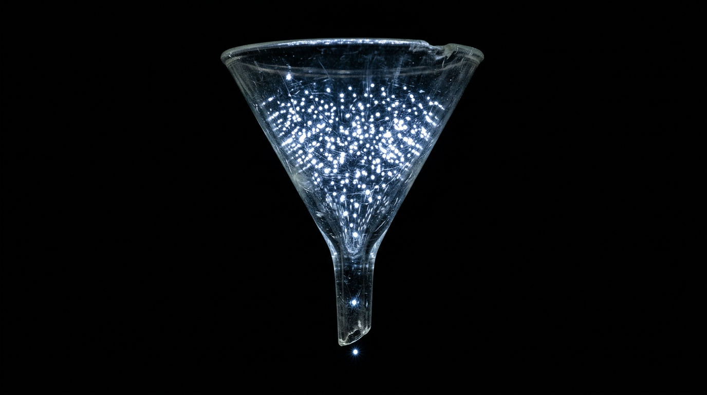 A glass laboratory funnel packed with hundreds of points of light at its mouth and exactly one emerging from the spout