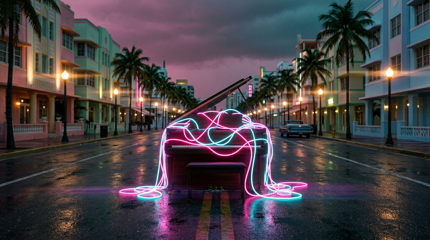 An upright piano standing on a wet Miami boulevard at dusk with coils of pink and cyan neon spilling out of its open lid