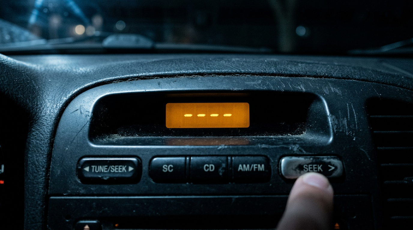 A worn early-2000s car radio display lit amber, showing only four dashes where a song title should be