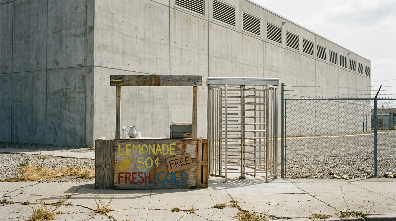A small hand-painted lemonade stand marked FREE, with a chrome subway turnstile installed in front of it and an enormous blank data center wall behind
