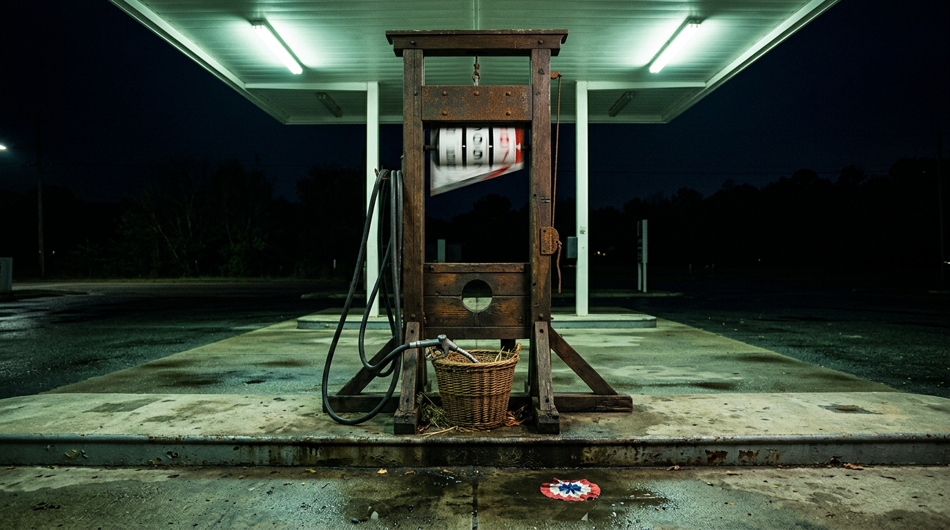 An antique French guillotine standing in place of a fuel pump at an empty gas station at night, a spinning price ticker hanging where the blade should be.