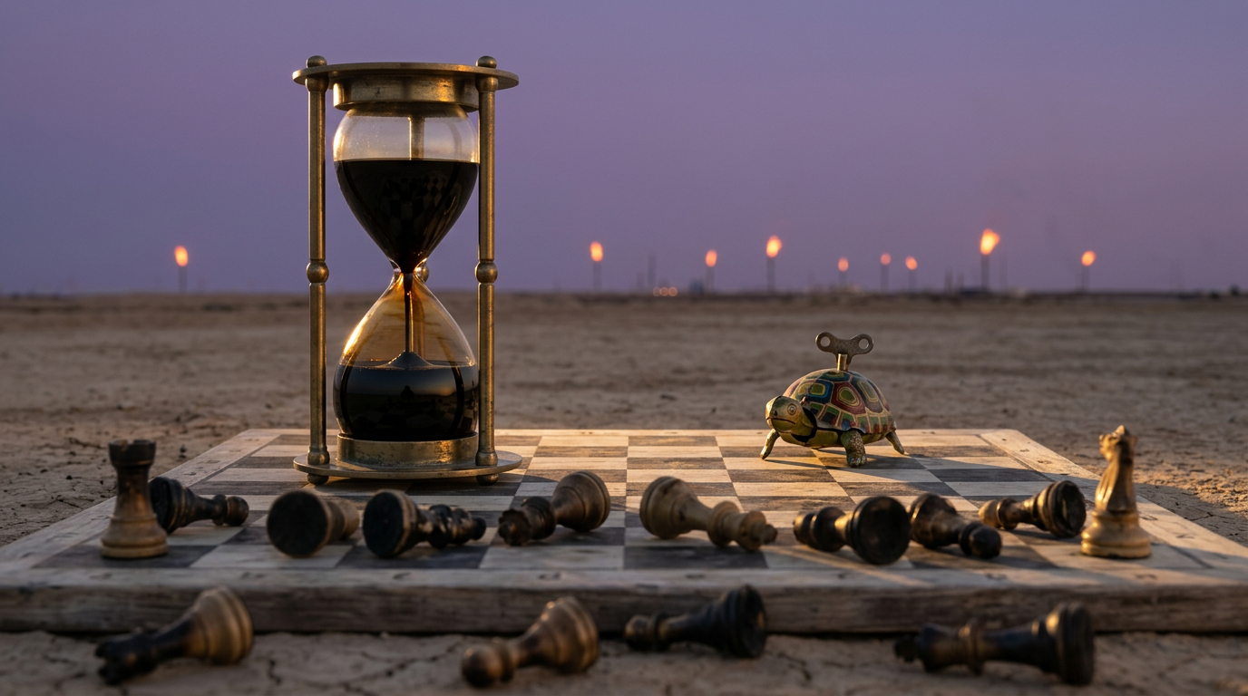 A brass hourglass filled with draining black oil on a desert chessboard, every piece knocked over except a small clockwork tortoise waiting on the far side.