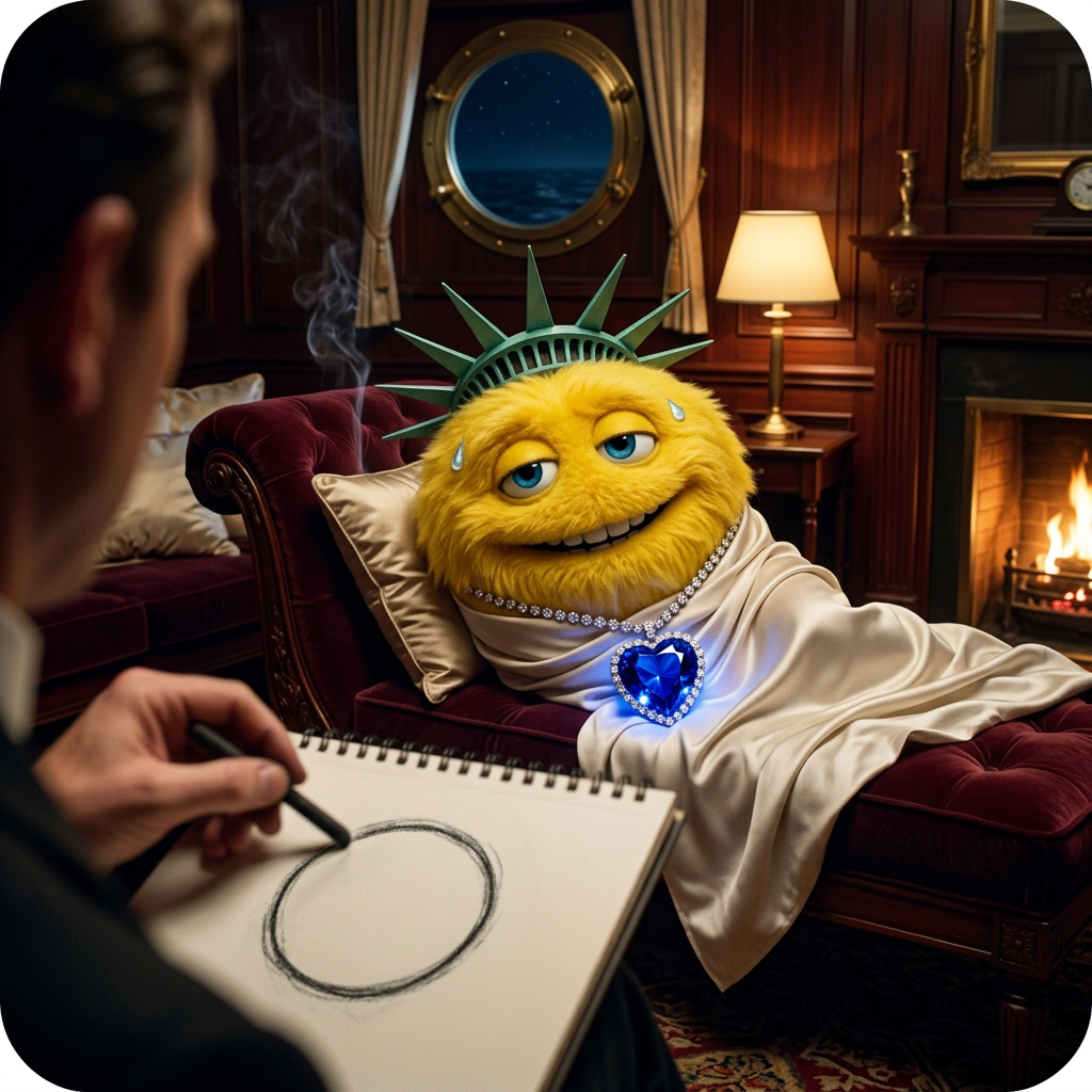 A fuzzy yellow puppet reclining on a velvet chaise in an ocean-liner stateroom, wearing only a crown and a heart-shaped sapphire, while an artist sketches a perfect circle.