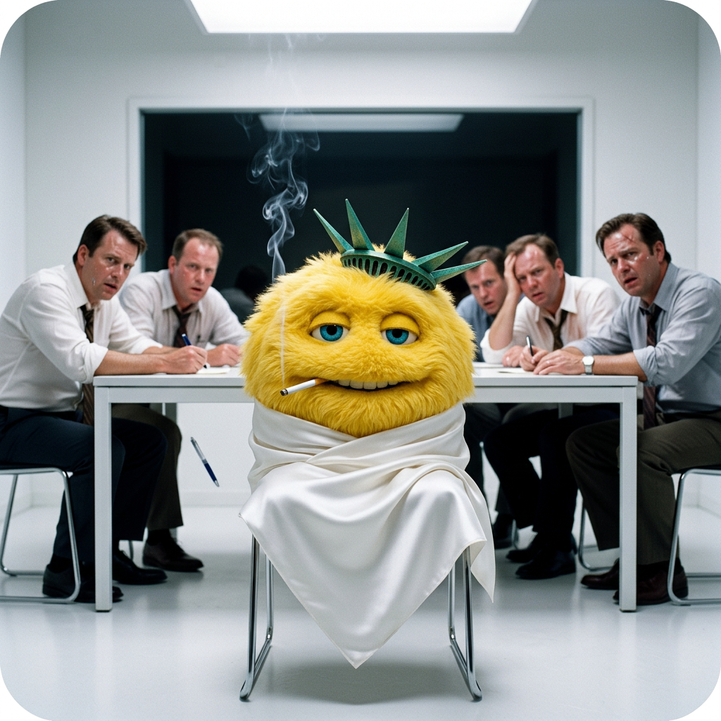 A fuzzy yellow limbless puppet in a gold crown and a white silk wrap, posed on a chair in a white interrogation room with a cigarette while detectives sweat.