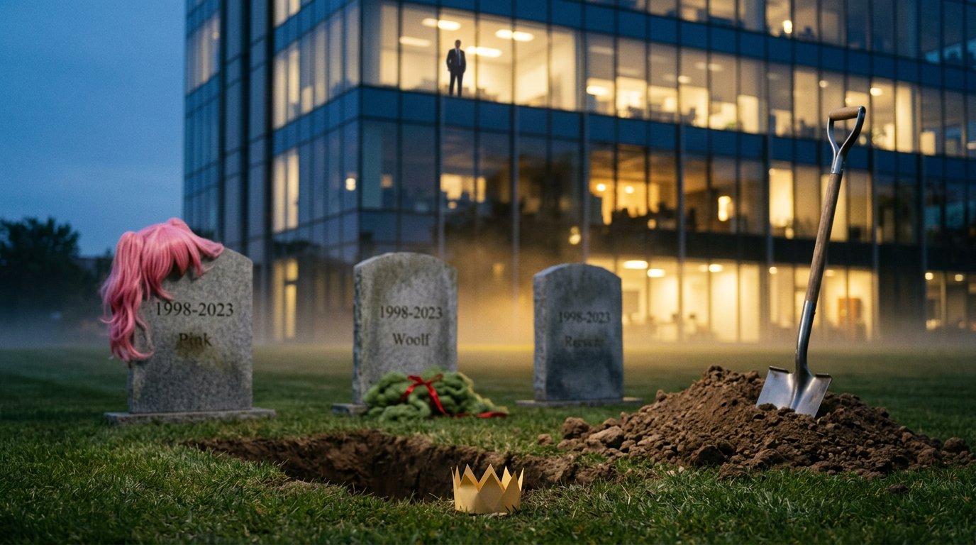 A small corporate cemetery with a pink wig and a bundle of green wool on two headstones, and a fresh open grave with a tiny paper crown waiting at its edge.