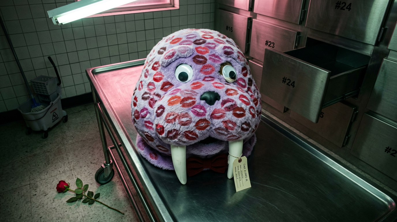 An empty lavender walrus mascot head lying on a morgue gurney, covered in hundreds of lipstick kisses, with a toe tag hanging from one tusk.