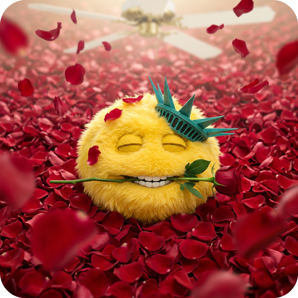 A fuzzy yellow puppet floating face-up on a bed of red rose petals, a rose in its teeth, seen from directly above.