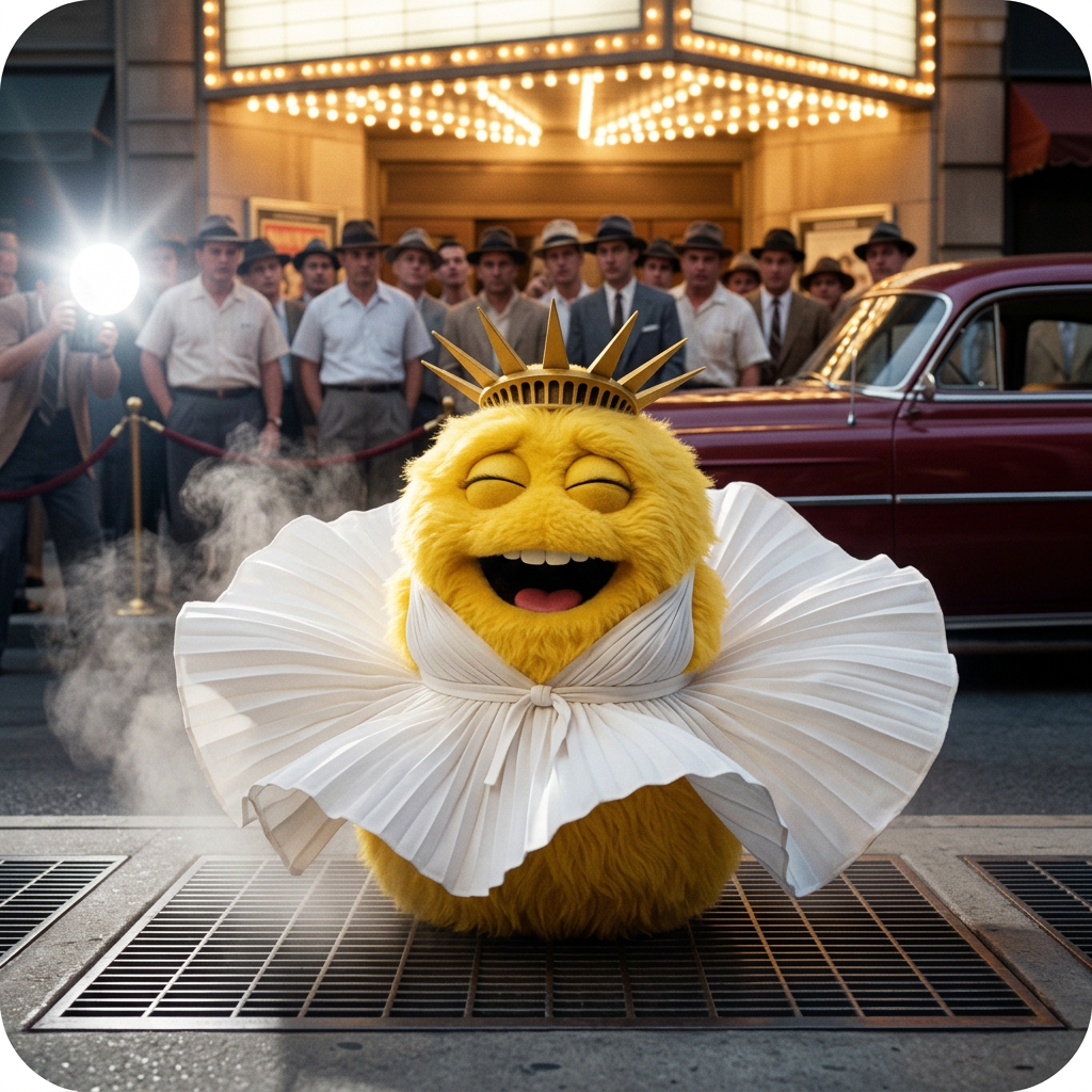 A fuzzy yellow puppet in a crown on a 1950s subway grate, a white pleated dress billowing up around it as a crowd watches.