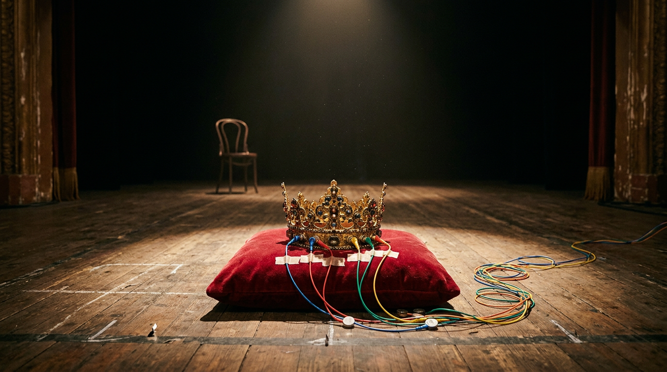 A golden stage crown on a velvet cushion under a spotlight, wired with medical EEG electrodes whose cables trail off into the dark.