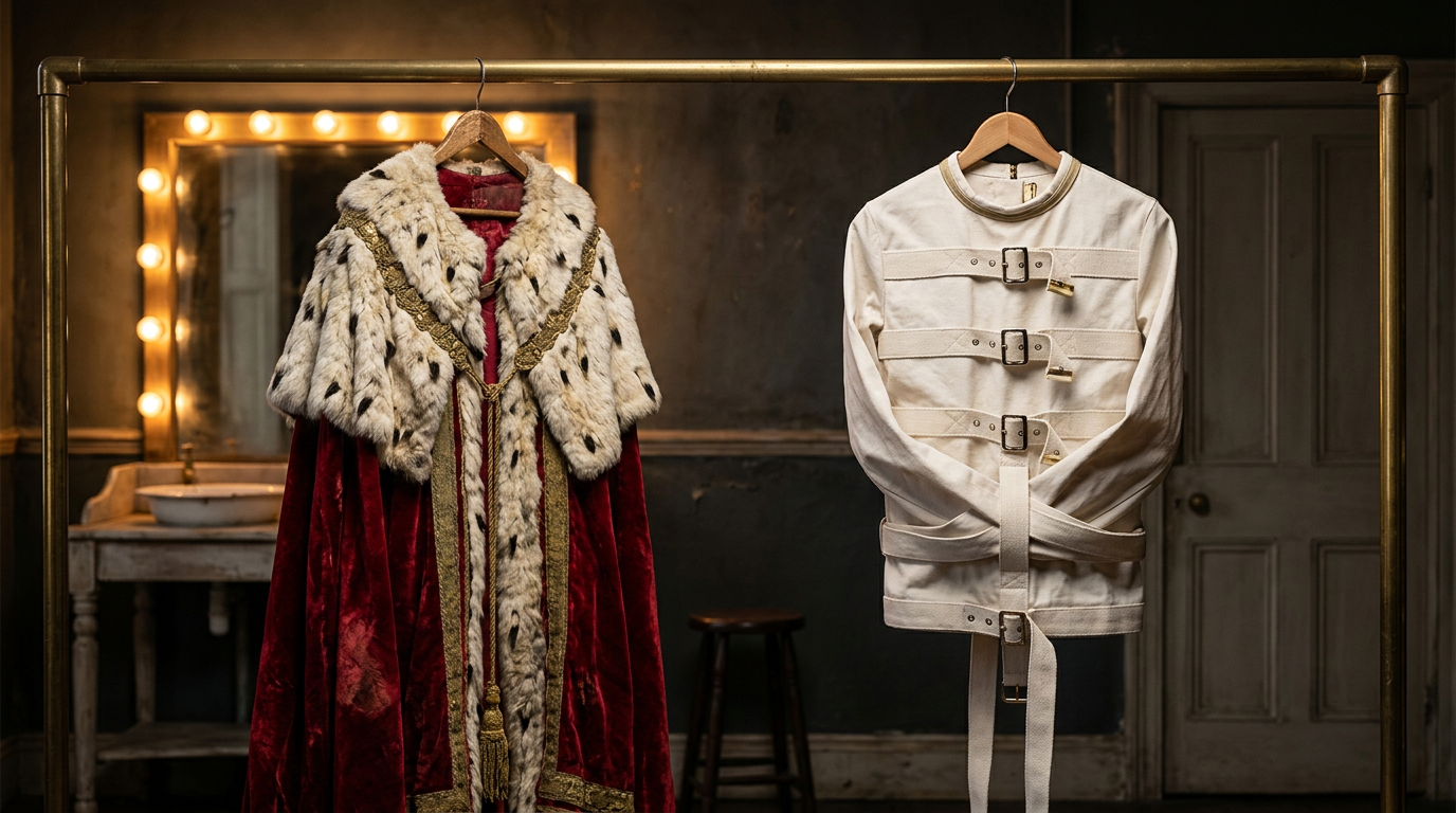 A heavy creased coronation robe and a crisply pressed, immaculate straitjacket hanging side by side on a dressing-room rail.