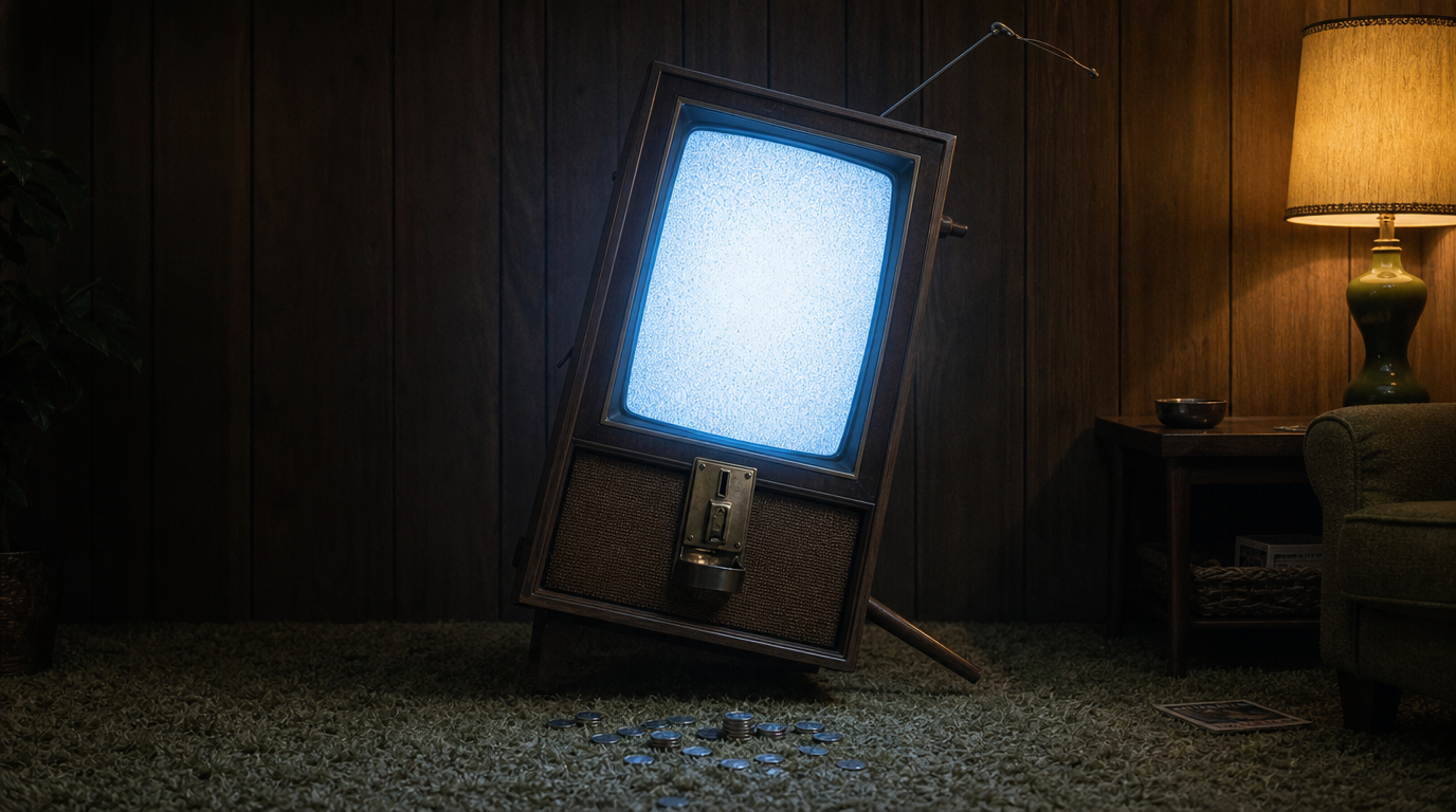A 1970s wooden console television tipped onto its side so the screen is vertical like a phone, with a payphone coin slot bolted beneath it and coins scattered on the carpet.