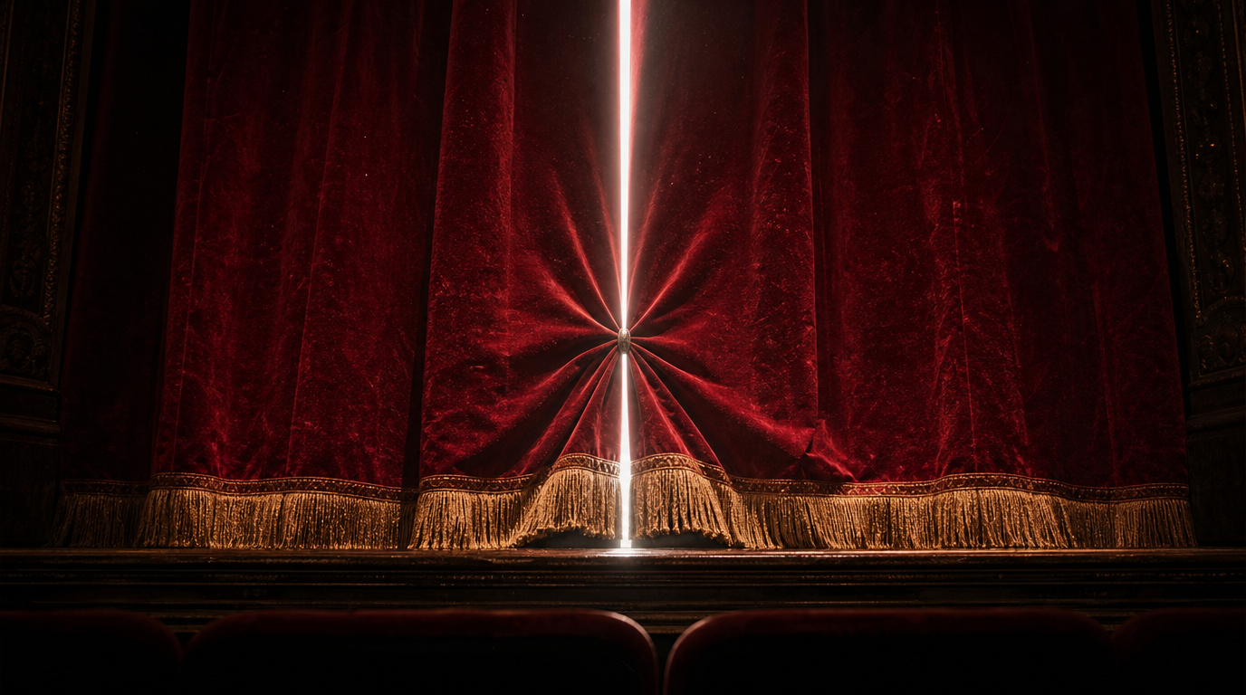 A huge red theater curtain stopped an inch from closing, held open by a single coin standing on its edge in the gap.