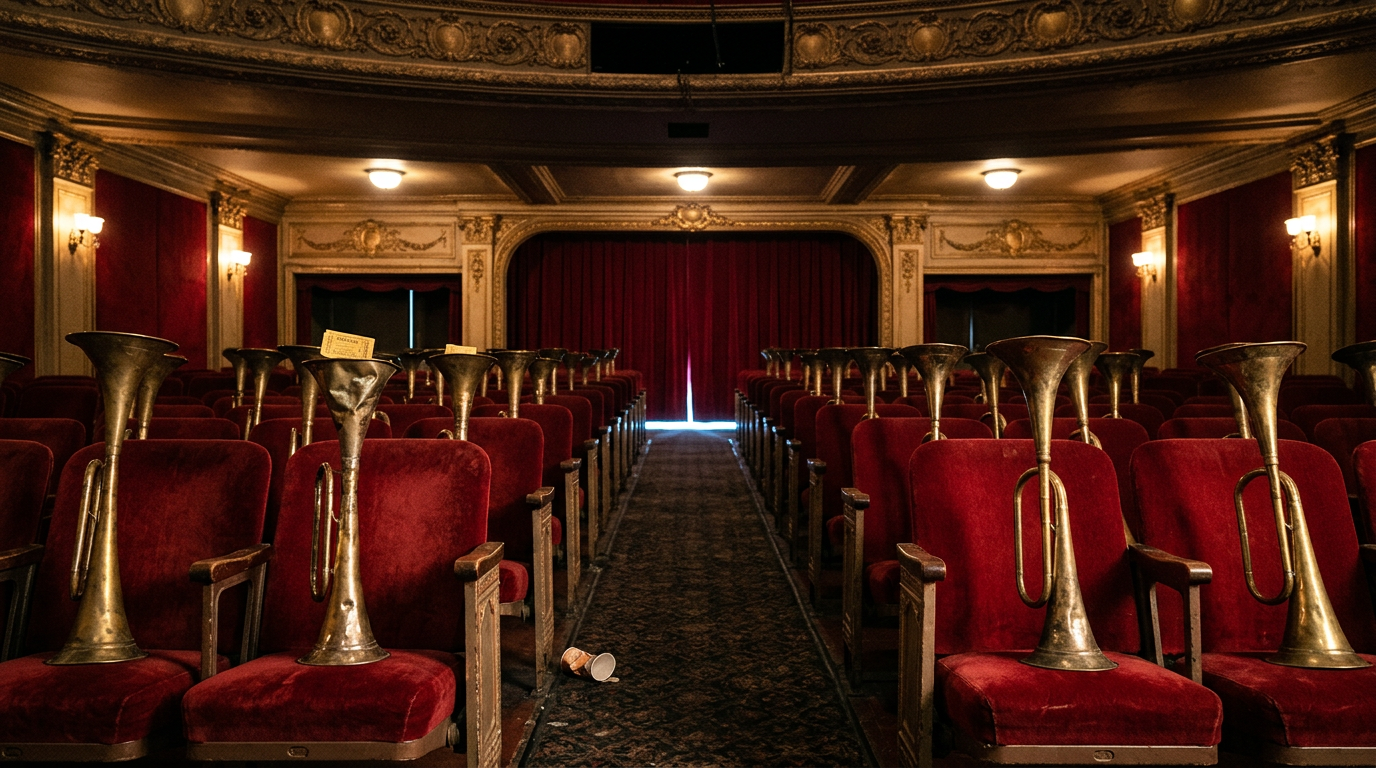 An empty red velvet theater where every seat holds an antique brass ear trumpet, all aimed at a curtain that's just starting to rise.