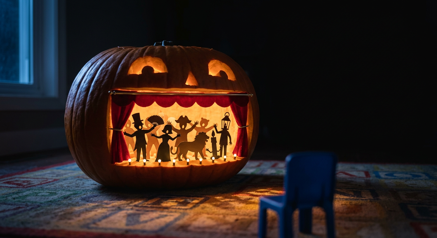 A carved pumpkin turned into a tiny glowing theater, its mouth a velvet-curtained stage packed with a chorus of paper silhouettes, facing a single empty toddler chair.