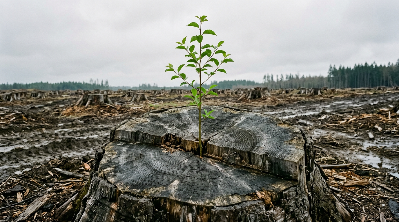 A green sapling growing out of the center of a large felled tree stump on a cleared logging site.