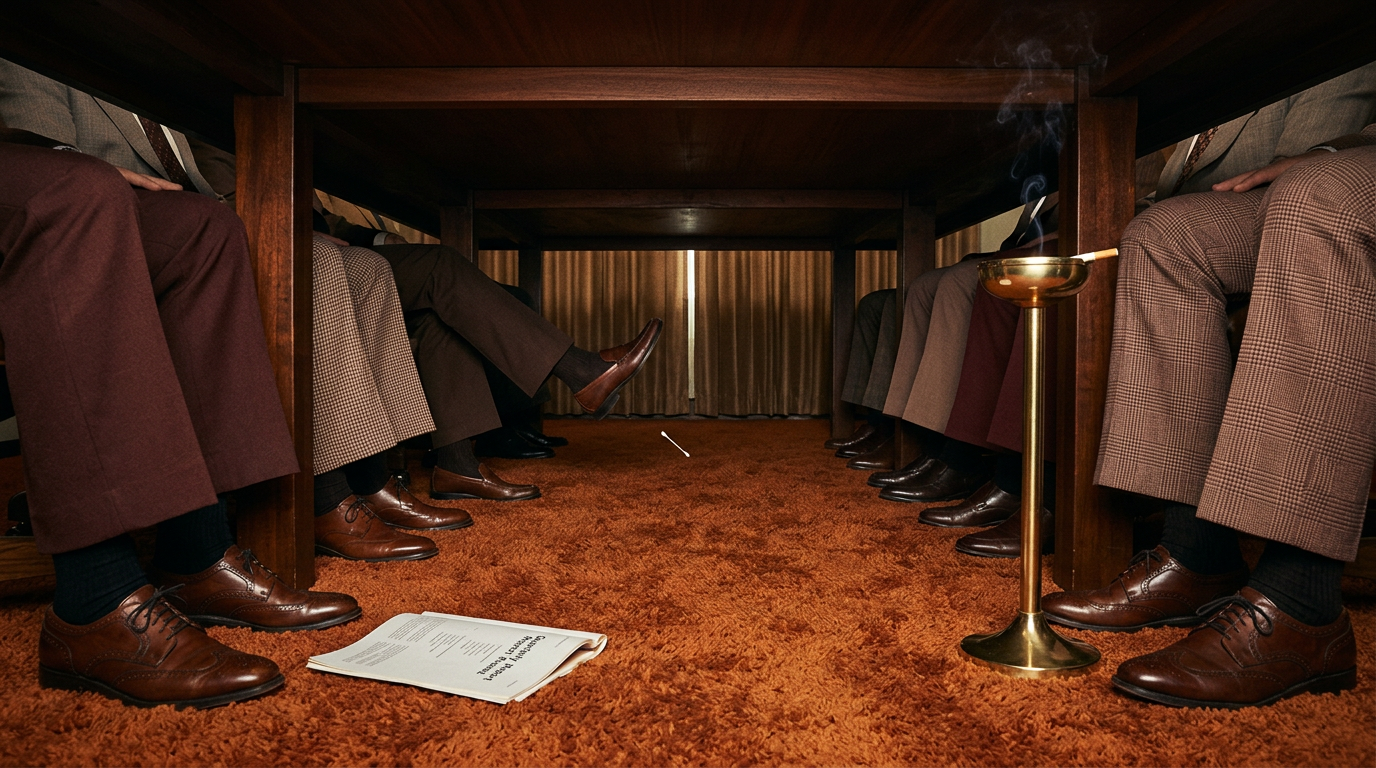 View from under a 1970s boardroom table: a row of still legs in flared slacks, one leg kicking up wildly as a cotton swab falls toward the shag carpet.