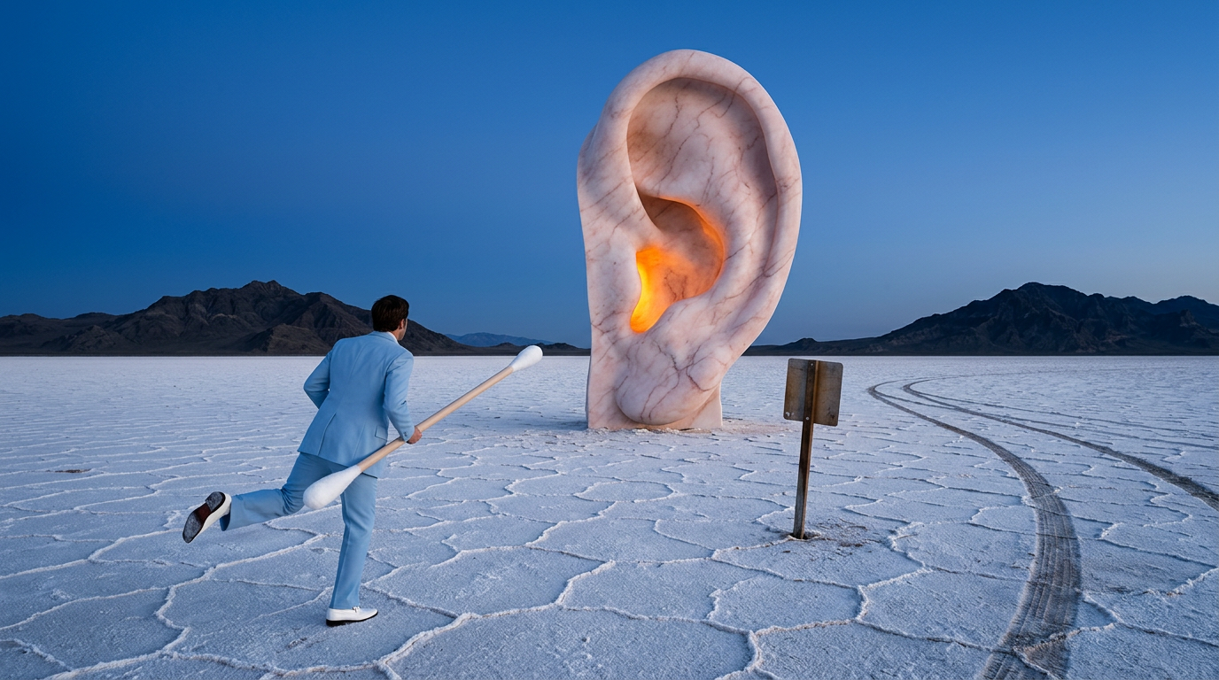 A man in a powder-blue leisure suit charges across a salt flat toward a giant marble ear, holding a pole-length cotton swab like a lance, one leg kicking out sideways.