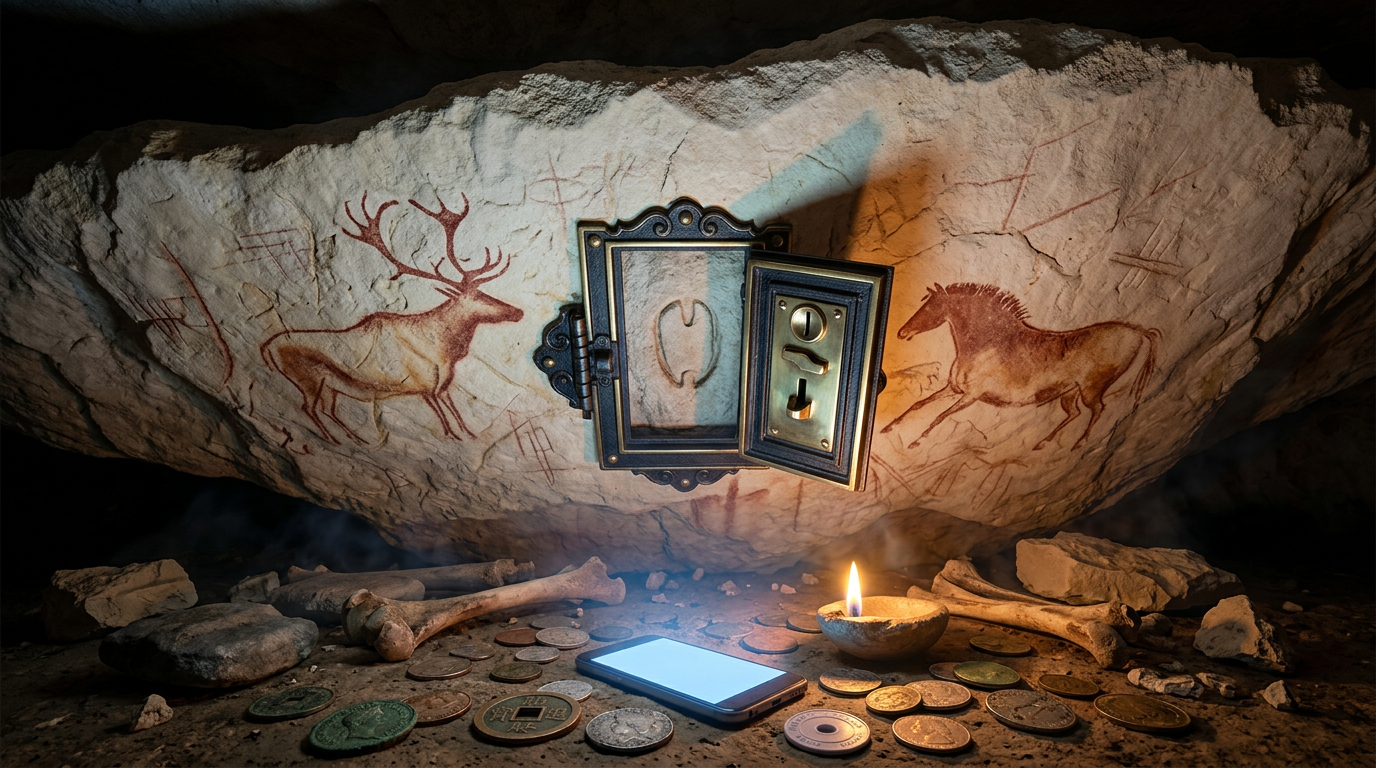 An Ice Age cave ceiling with a nineteenth-century iron coin-operated shutter bolted over an ancient carving, lit from below by a tallow lamp and a smartphone lying among coins from every era.