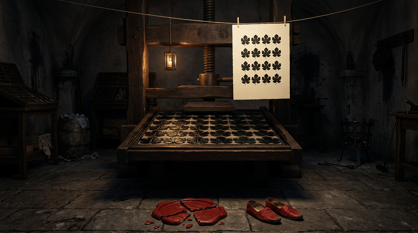 A Renaissance printing press whose bed is filled with inked fig leaves, a sheet of fig-leaf prints drying above it and a cracked red wax seal and scarlet slippers on the floor.