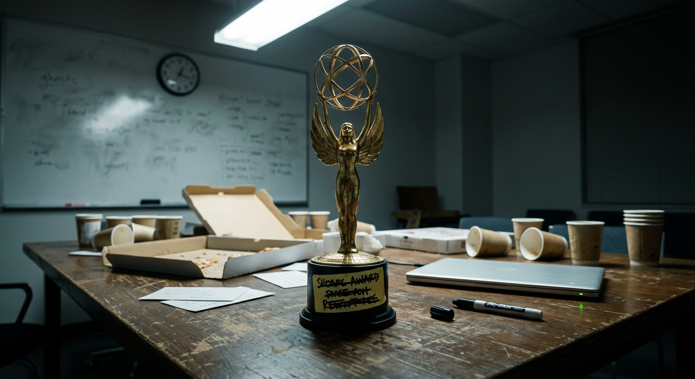 A gold television award statuette on a writers' room table at 4am, surrounded by pizza boxes and coffee cups, with a hand-labeled base scratched out and rewritten twice