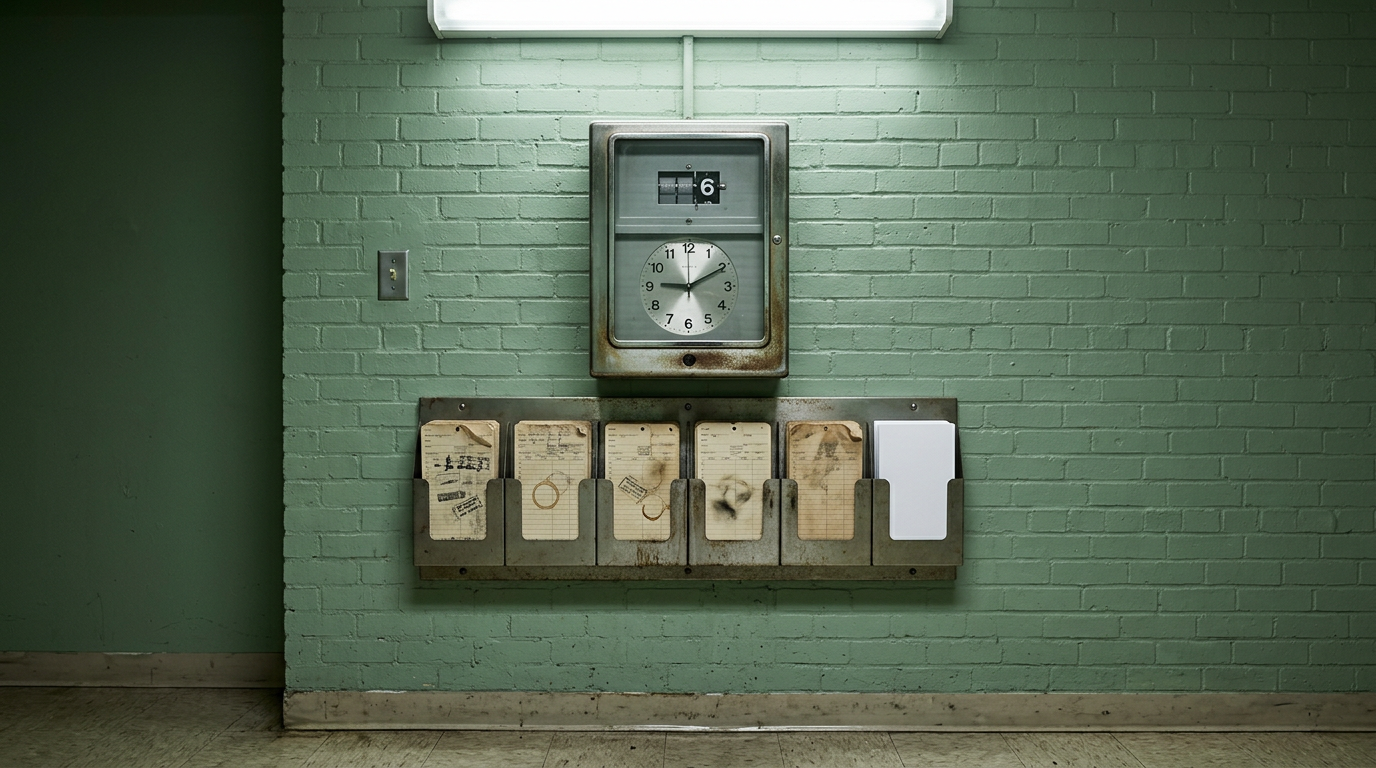 An old mechanical punch clock on green brick above a rack of six timecards — five worn and stamped, the sixth still blank