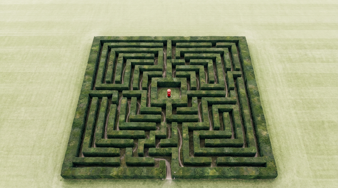 An aerial view of a hedge maze with one entrance, no exit, and a single red post box at its center.
