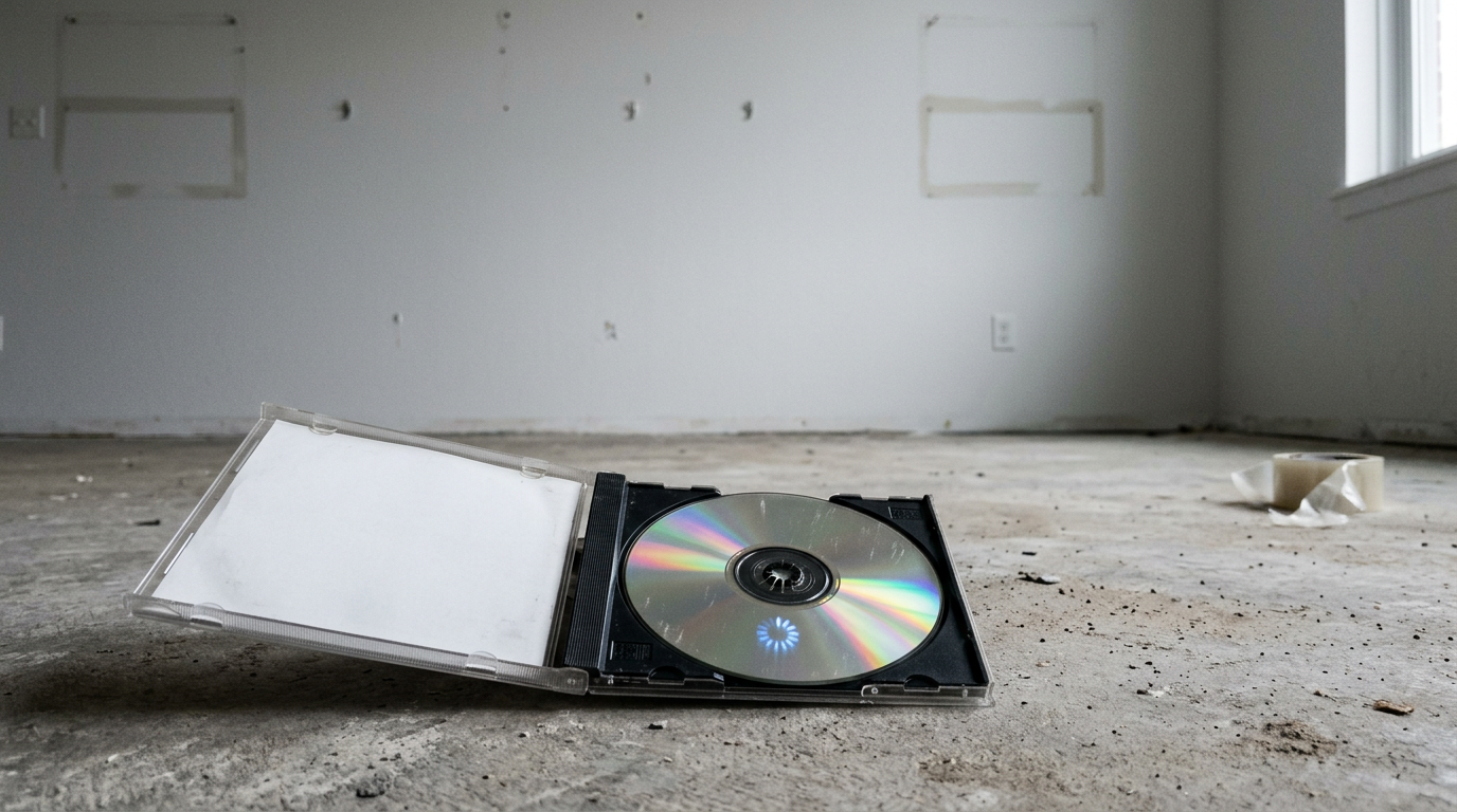 A cracked CD jewel case alone on a concrete floor in an empty apartment, the disc reflecting a blue loading spinner.