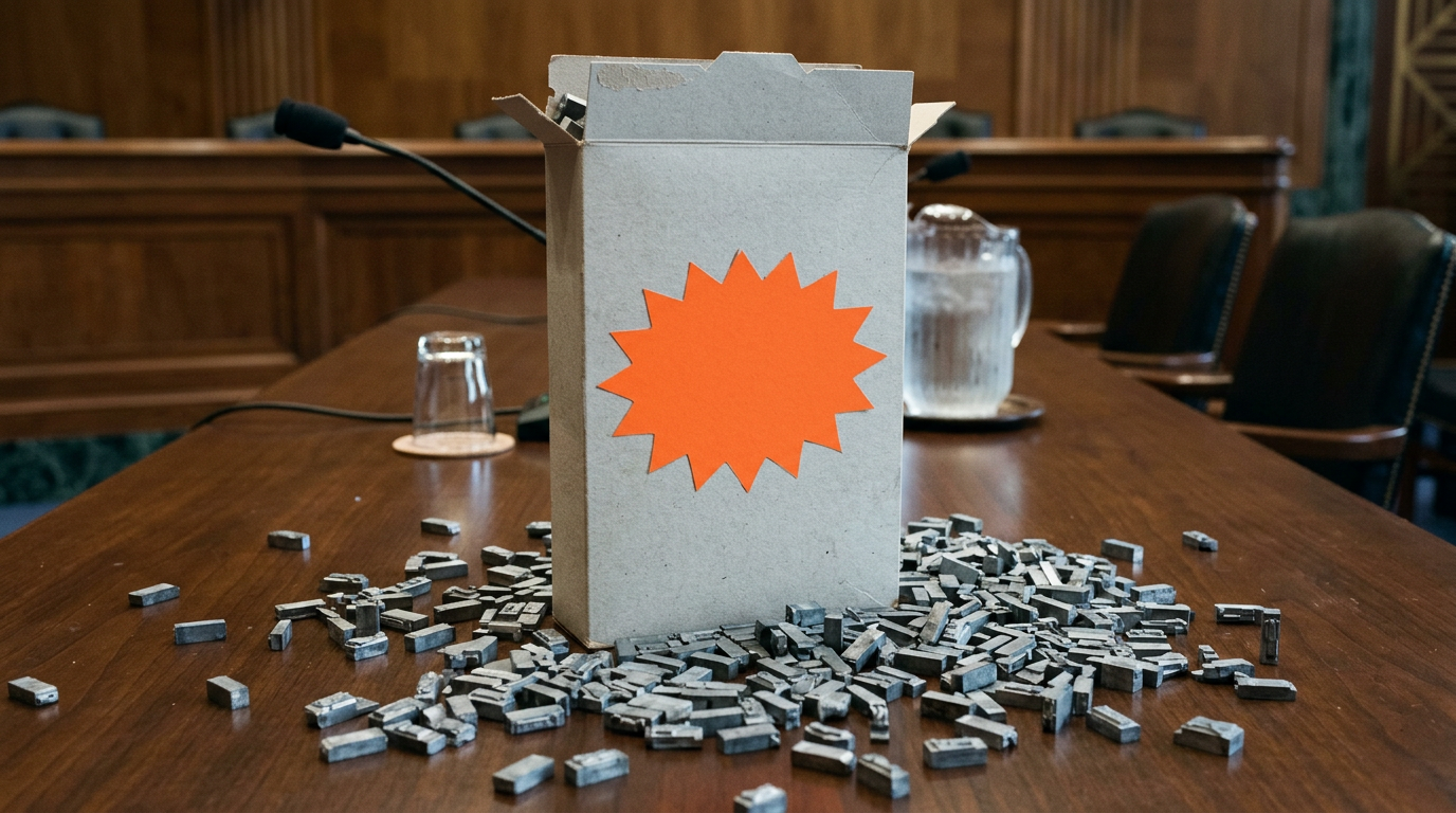 A plain grey cereal box on a government hearing-room table with a blank orange starburst badge, spilling lead printing type instead of cereal.
