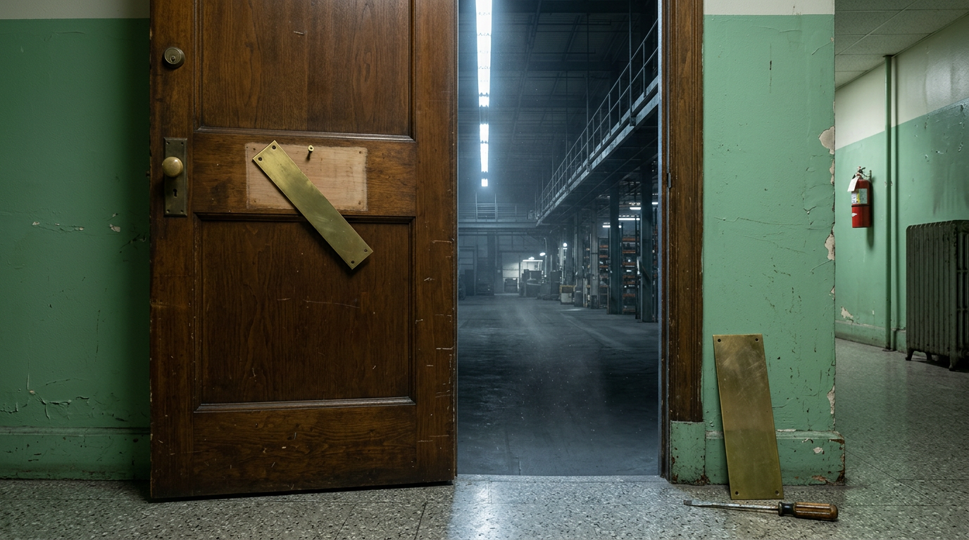 A government office door ajar with its brass nameplate unscrewed and a larger one waiting on the floor, revealing an impossibly vast warehouse behind the door.