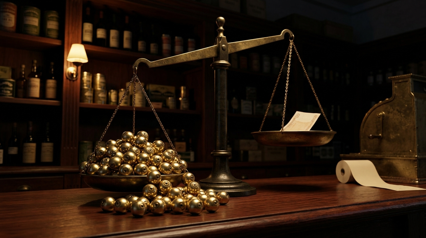 Antique brass scales with one pan overflowing with small brass eyeballs, hugely outweighing a single blank banknote in the other pan.