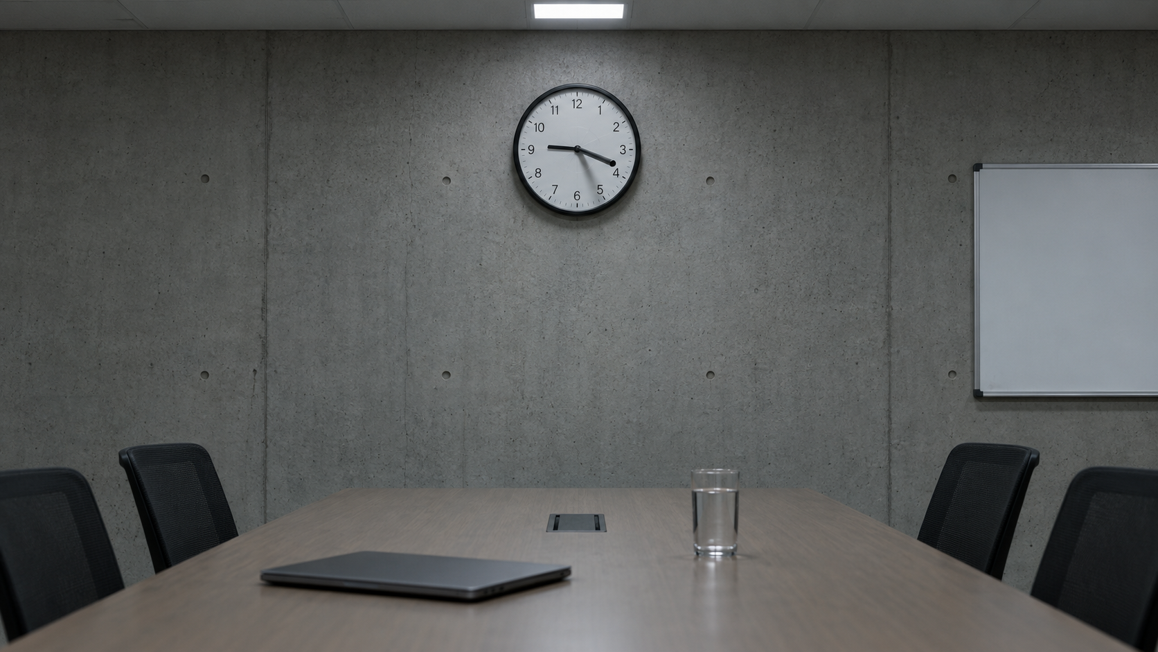 An institutional wall clock in a windowless conference room with its minute hand bent straight out toward the viewer.