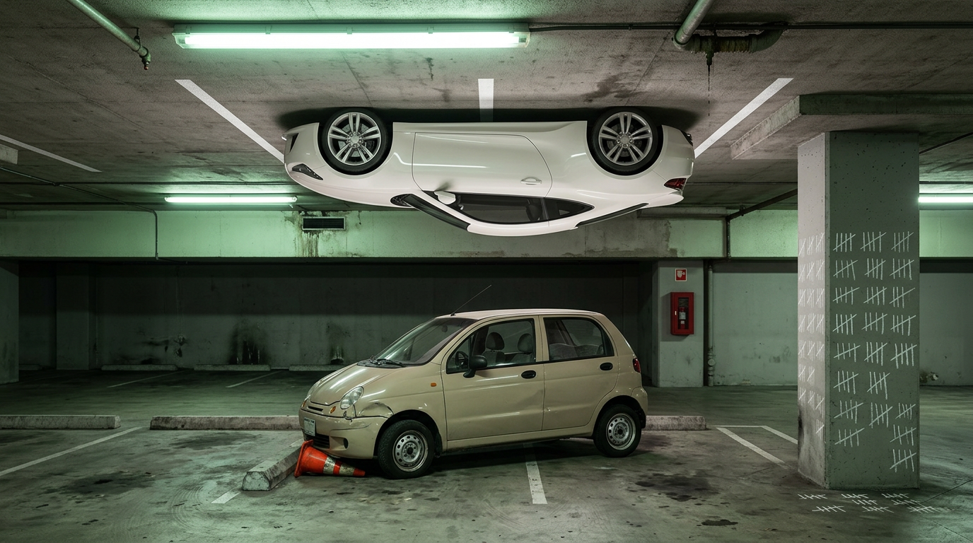 A white sports car parked upside down on a garage ceiling while below it a dented hatchback sits crooked across three spaces beside a pillar covered in chalk tally marks.